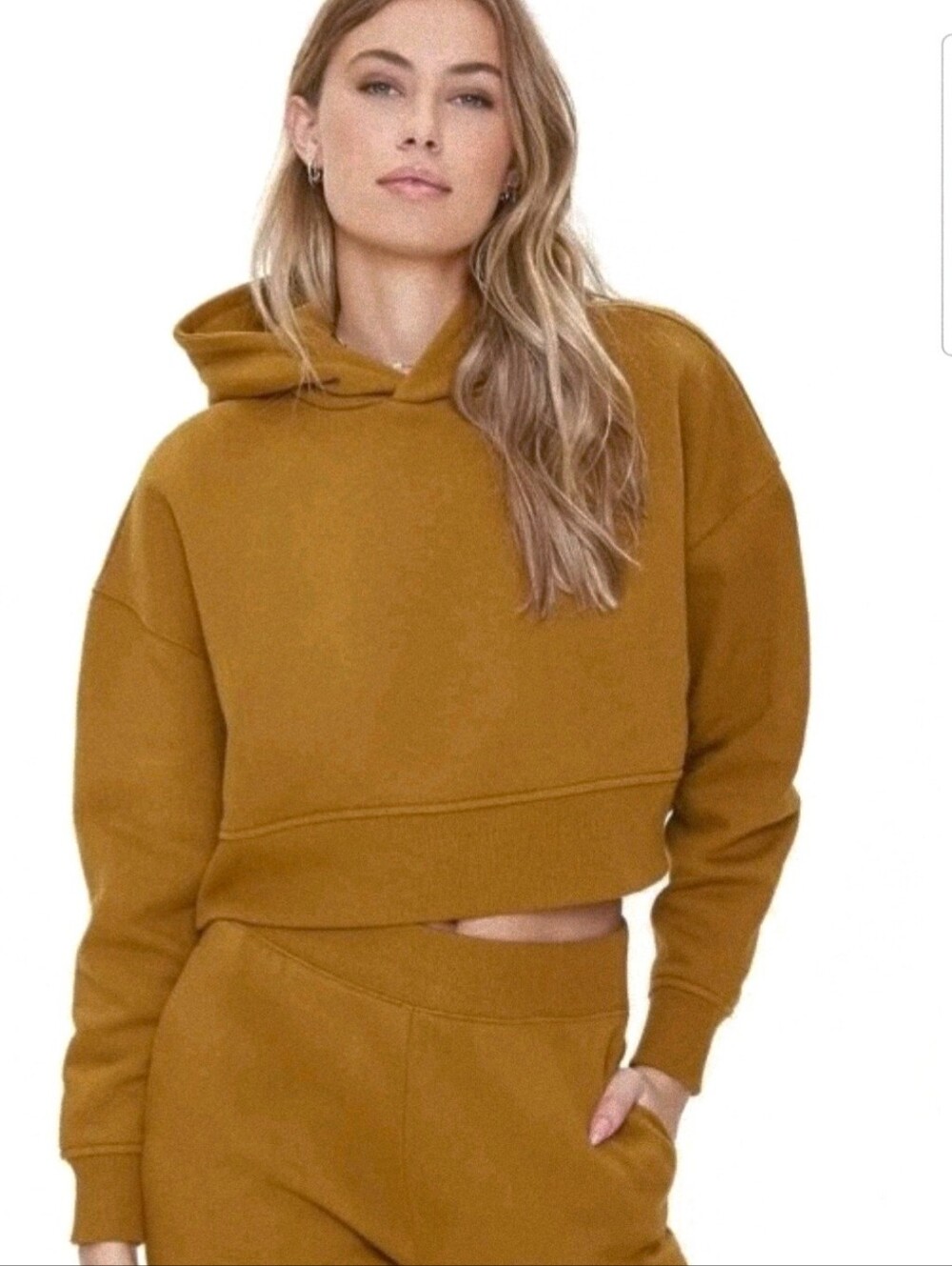 Forever 21 Womens Oversize Cropped Fleece Hoodie Mustard Brown Streetwear Size L